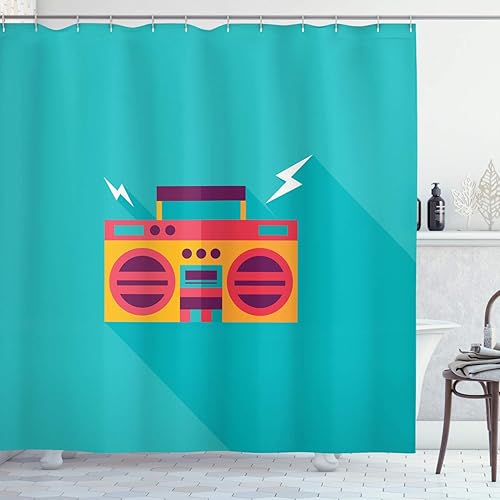 Lunarable Music Shower Curtain, Ghetto Blaster Audio Retro Boombox with a Long Shadow, Cloth Fabric Bathroom Decor Set with Hooks, 69" W x 75" L,