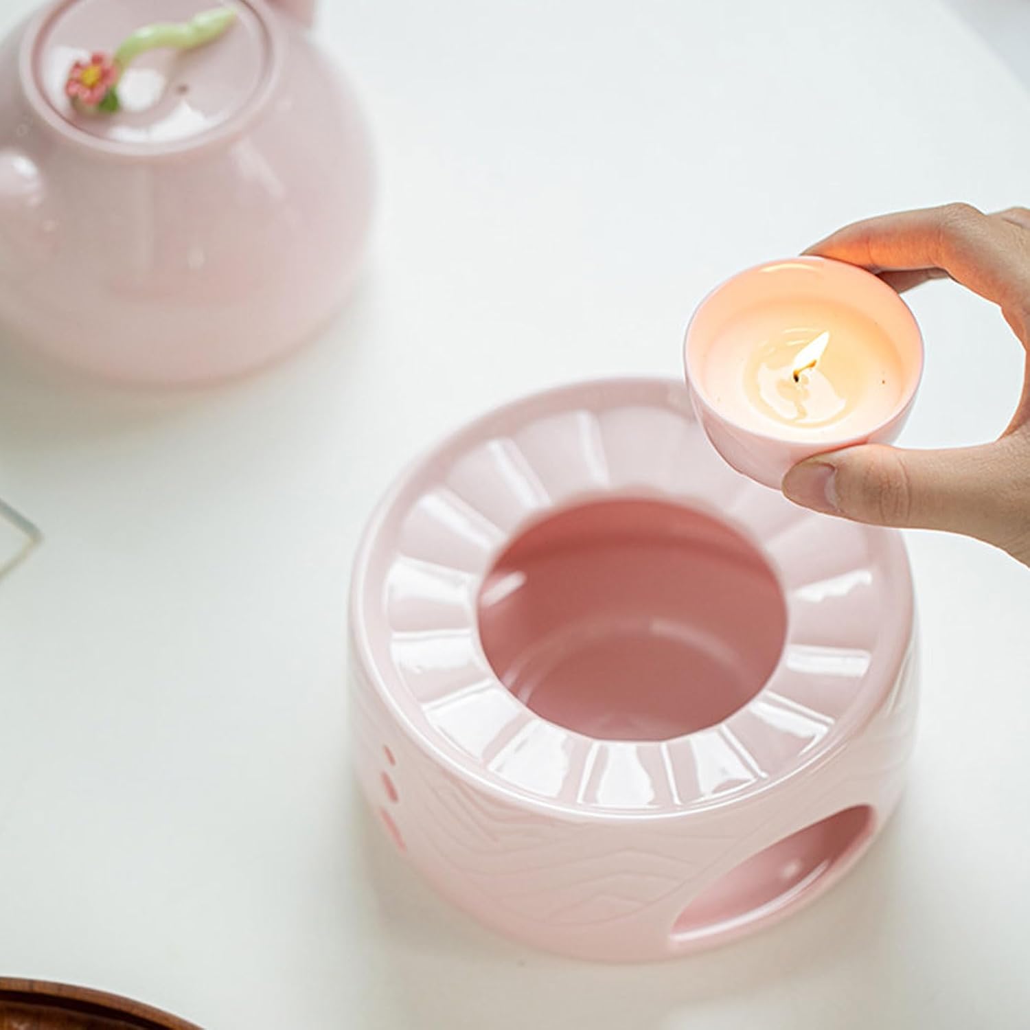 Ceramic Teapot Warmer Soft Pink Ceramic Stacked Ring Texture Vent Holes Side Candle Tray for Heating Coffee Milk Tea Warmer