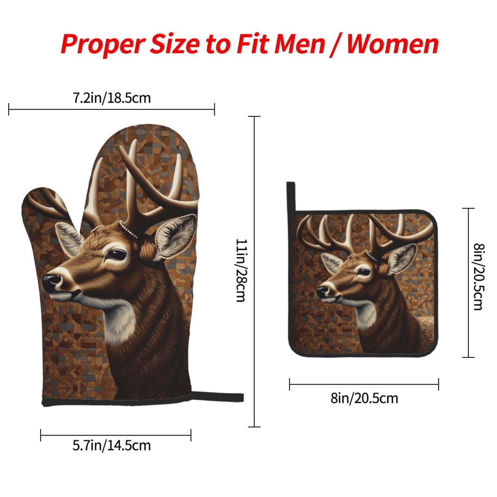3 Pcs Oven Mitts and Pot Holders Set 500°F Heat Resistant Oven Gloves and Hot Pads Kitchen Mittens Deer on Brown Background Cooking Gloves Potholders for Baking Grilling BBQ