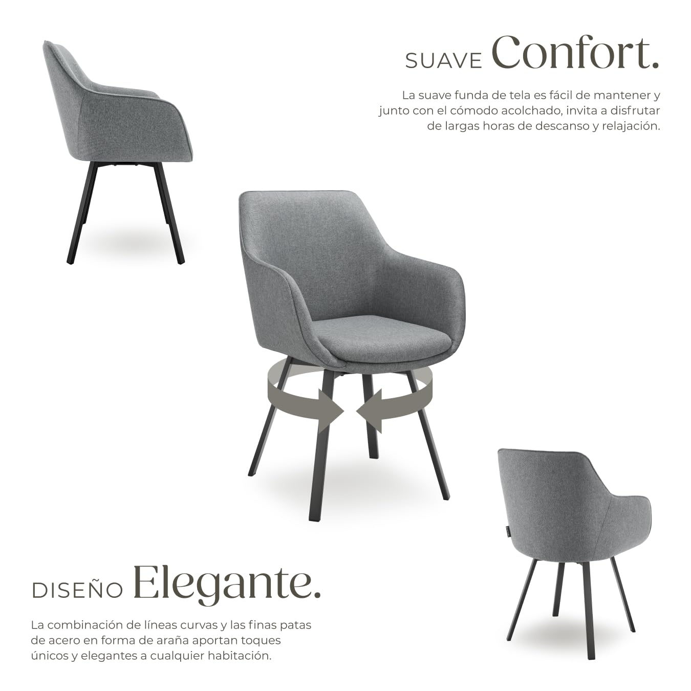 tectake® Silla Giratoria con Reposabrazos, Tapizada y con Acolchado de Alta Densidad, Patas de Acero 360°, Antideslizante, Montaje Rápido, Ideal para Comedor, Cocina y Dormitorio - 4 Sillas Antracita