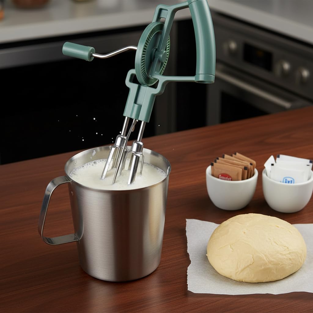 Rotary Hand Crank Egg Beater with Stainless Steel Measuring Pitcher Combo Set, Double Head Manual Whisk Whipping with 4-Cup Jug for Cooking, Baking, Latte Art