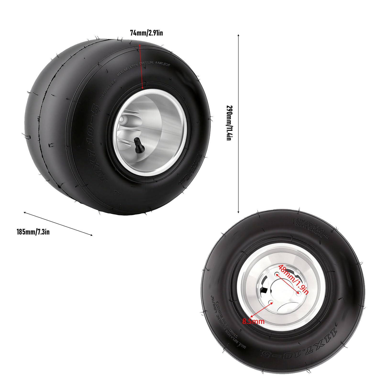 SIXRUN Opona 11x7.10-5 Tubeless Slick 4PR na Aluminiowej Obręczy, Mocowana na 3 śruby, do Gokartów, Wózków, Quadów, Mini Rowerów, Driftu