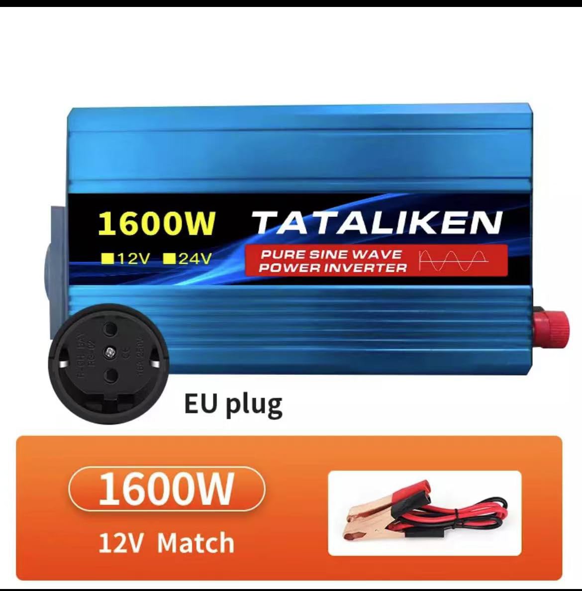 Generic 1600 W (potenza continua a 600 W) Inverter da CC 12 V a CA 220 V tensione 50 Hz Trasformatore solare ad onda sinusale pura con presa UE display a LED, 1600W-12V