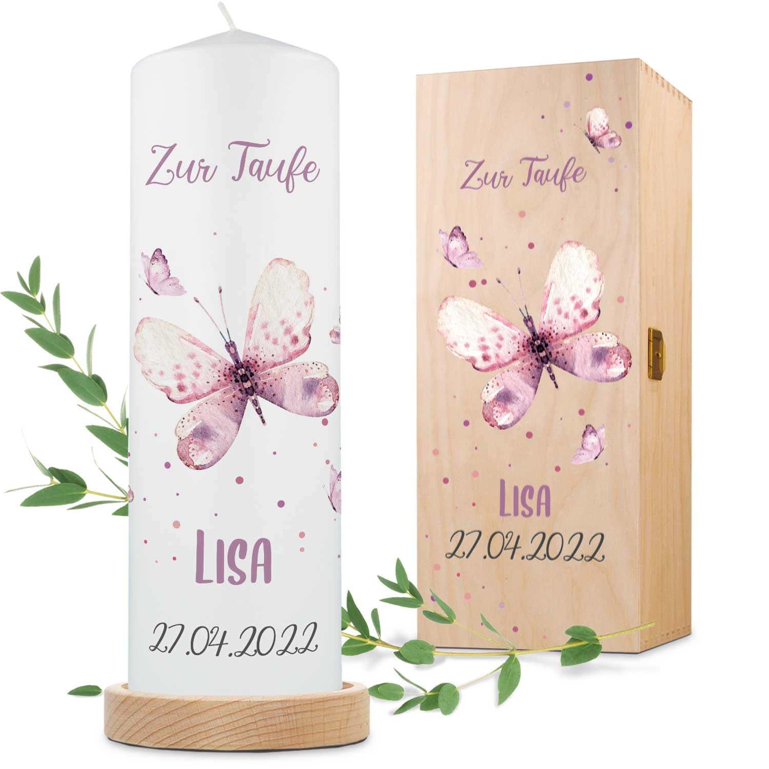 GRAVURZEILE Bedruckte Kerze - Taufkerze Schmetterling V2 - brilliant bedruckte Kerze zur Taufe - Personalisiertes Taufgeschenk für Mädchen & Jungen - Hochwertige Stumpenkerze 250/80 mm - Farbe: Rosa