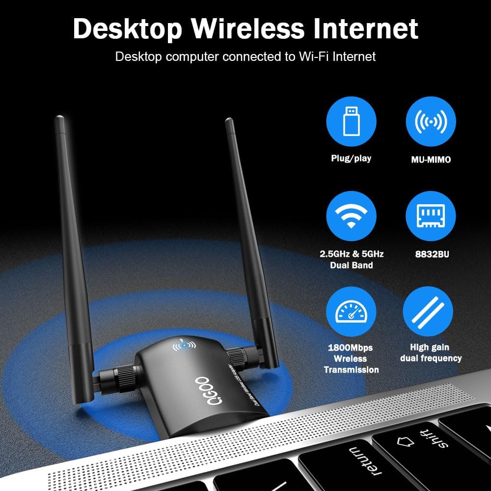Diagram showing QGOO AX1800 adapter features including Plug/Play, MU-MIMO, 2.5GHz & 5GHz Dual Band, 1800Mbps Wireless Transmission, and High Gain Dual Frequency.