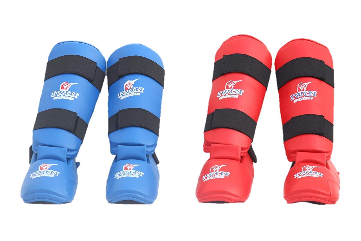 IWIN Karate/Taekwondo PU Shin Guards for Leg and Foot Protection(2 Pair, Red,Blue) (Medium)