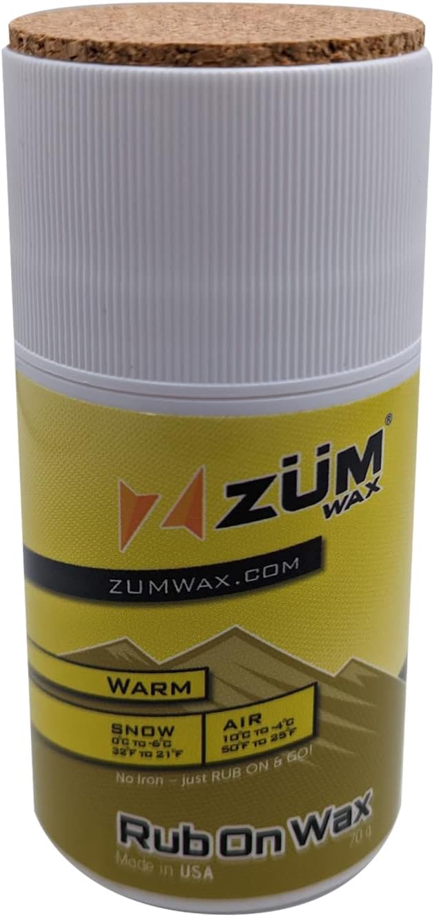 Rub-On Ski/Snowboard/Nordic/Cross-Country Wax 70g, WARM Temperature, Easy cork applicator, long-lasting performance, secret vanilla scent, Made in USA, PFAS-free, Excellent spring wax