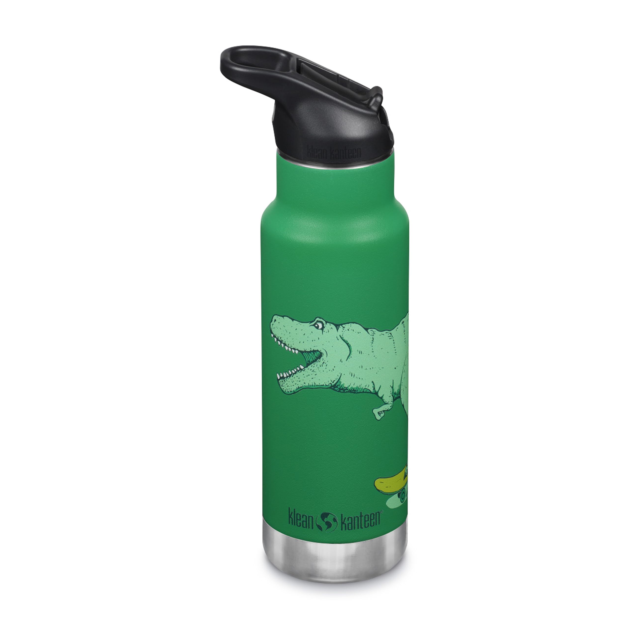 Klean Kanteen Dino Skate Kids Water Bottle With Straw | Insulated 350Ml Drinks Bottle | 100% Leakproof | Flip And Seal Sports Lid | Childrens Metal Flask | Durable & Bpa Free | Stainless Steel |