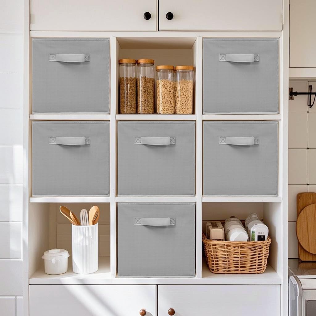 11 Inch Fabric Storage Bins, Storage Cubes, Collapsible Cube Storage Box, Fabric Closet Organizers with Handle for Home, Office, Shelf, Closets, Bedroom, Living Room, Grey, 16 Pack