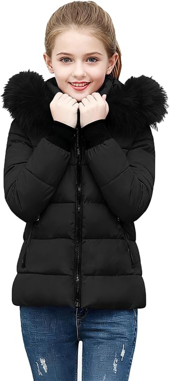 RKSTN Girls Puffer Jacket with Faux Fur Hood Warm Winter Coats for Kids Boys Teen Girl Zip Up Hooded Down Jackets