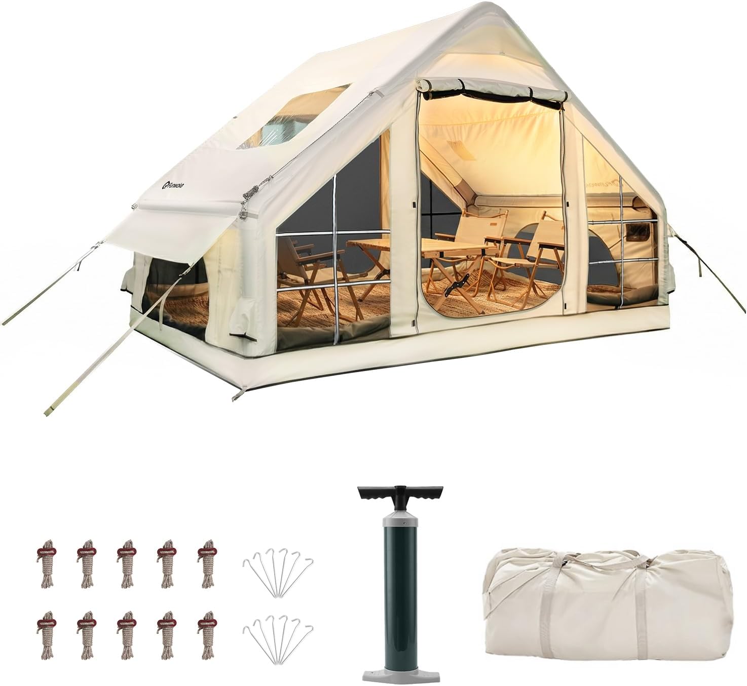 Inflatable Tent with Skylight, Quick Setup Blow Up Tents with Pump, Hot Tent with Stove Jack, 4 Seasons Waterproof Oxford Inflatable Camping House for Adult 4-6 Person