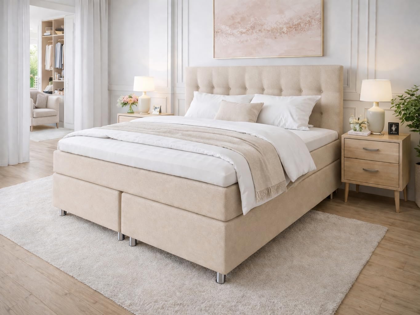 Tesla Dreams Boxspringbett 180x200 Ronda, 7 Zonen Taschenfederkern-Matratze H2/H3, 5 Jahre Garantie, Topper Visco, Unterbau Taschenfederkern, Montage verfügbar, Beige