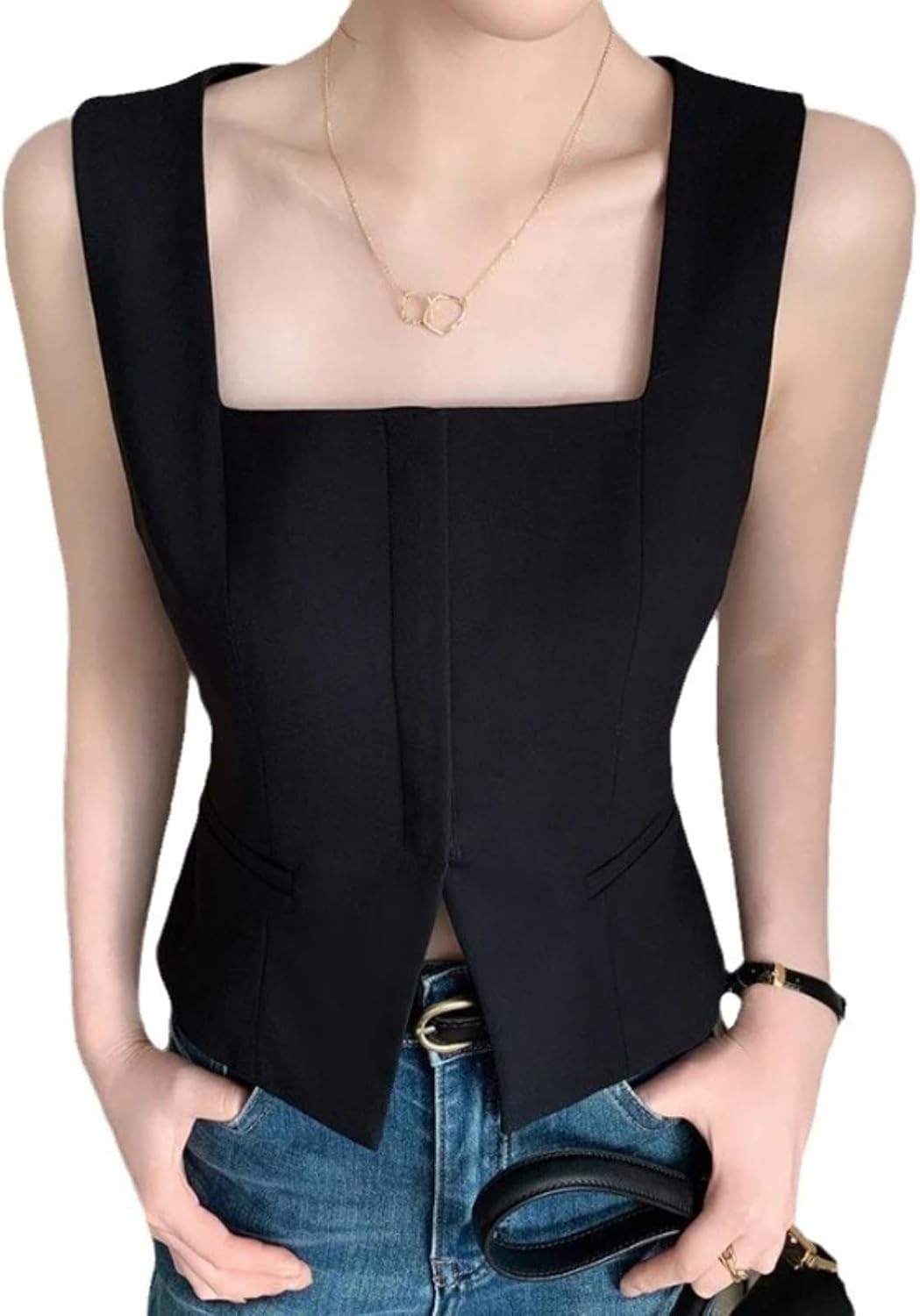 Dawery Vests for Women Square Collar Solid Sleeveless Vest Spring Summer Solid Female Slim Casual Top