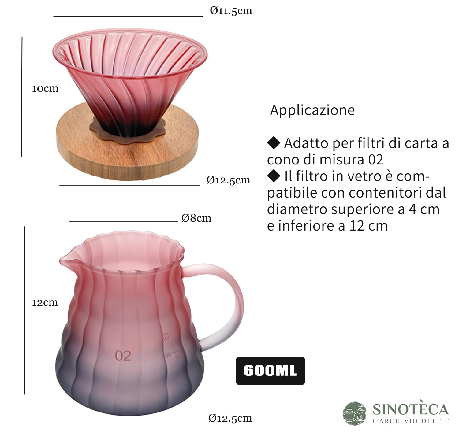 SINOTE’CA Caffettiera Pour Over Stile V60 con Caraffa in Vetro Borosilicato 600ml, Dripper con Manico in Noce e Coperchio, Design Rosso e Blu Satinato, con 100 Filtri di Carta Misura V02