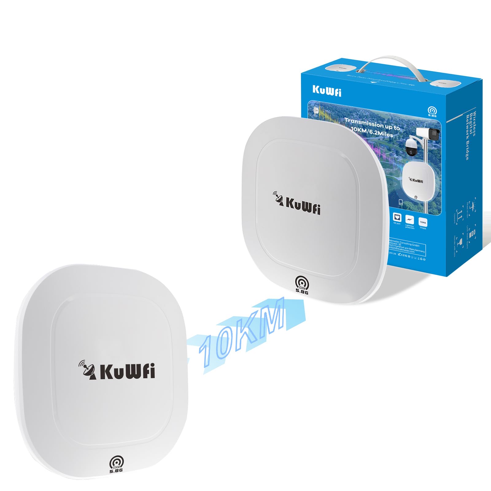 KuWFi Ponte WiFi Esterno 8 km 5,8 GHz 900 Mbps, Gigabit PoE | 2 porte RJ45 Gigabit, estensione di rete PTP/PTMP per Fattoria, Magazzino, Ascensore ed Edifici, con Gestione Cloud