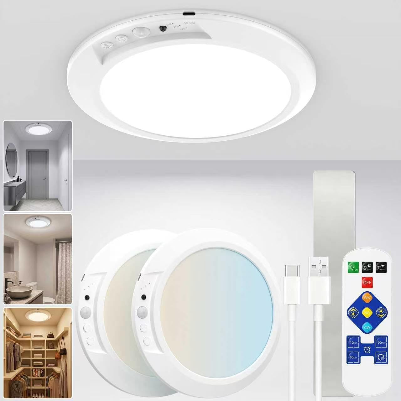 Rechargeable Motion Sensor Ceiling Light, Wireless LED Battery Operated Ceiling Lamp with Remote, 3CCT Color Changing Dimmable Flush Mount Light for Closet, Pantry, Hallway and Stairway, 2 Pack