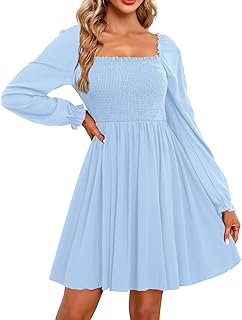 Women's Casual Square Neck Smocked Dress Shirred Ruffle Puff Sleeve High Waist Cute Flowy A-Line Short Dress - Buy now