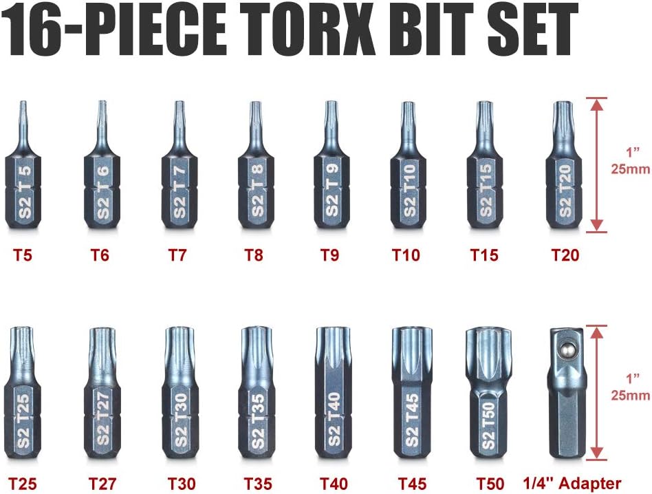 16-Piece Security Torx Bit Set T5-T50, Tamper Resistant Star Bits Set S2 Steel with a 1/4" Adaptor