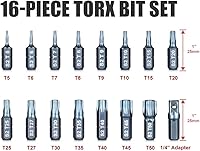Vista 2 de 16-Piece Security Torx Bit Set T5-T50, Tamper Resistant Star Bits Set S2 Steel with a 1/4" Adaptor