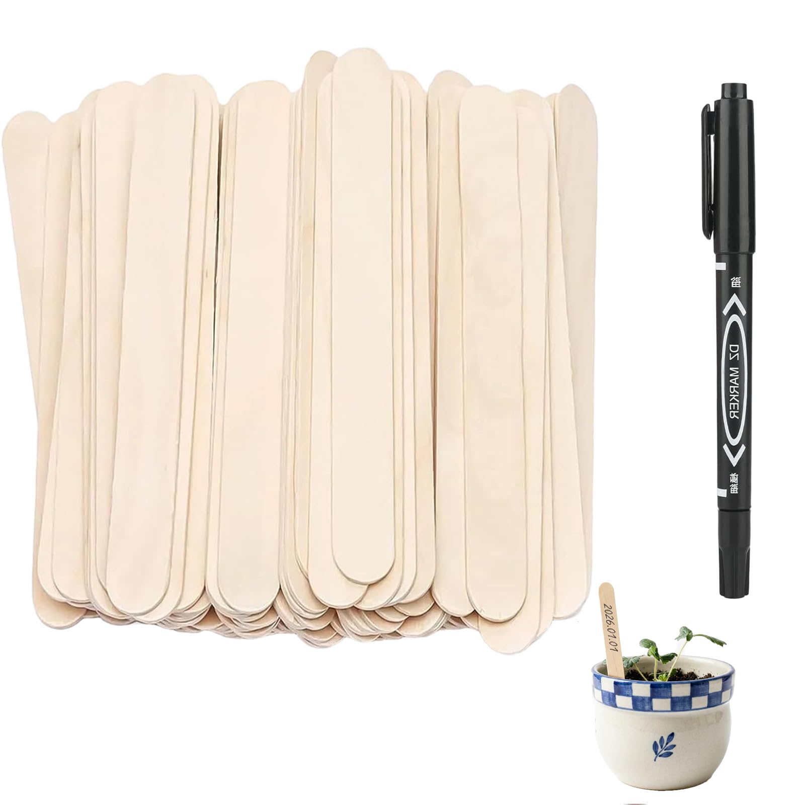 GZYCKJ 100 Pcs Plant Labels for Outdoor Plants, 15x1.8cm Wooden Plant Labels and Markers, Plant Name Sticks with Black Pen for Herb Vegetable Flowers