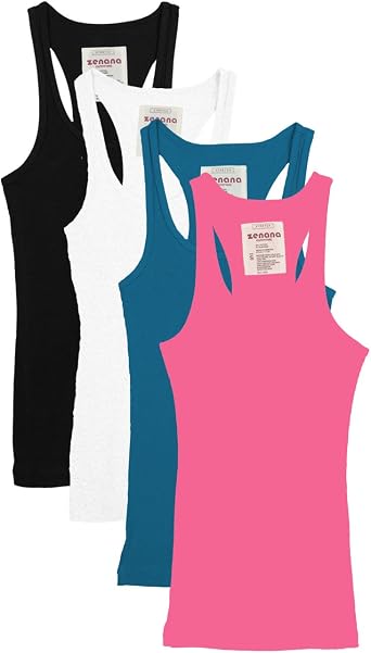 Zenana Outfitters 4 Pack Womens Ribbed Racerback Tank Top BLACK/WHITE/JADE/NPINK