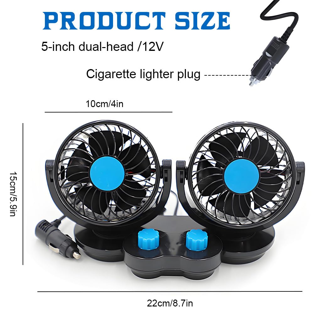 Ventilatore Auto a Doppia Testa 12V, 360° Ruotabile Ventilatore Silenzioso Potente, 2 Velocità con Presa Accendisigari, Potente e Silenzioso, per SUV RV ATV Camion Campe
