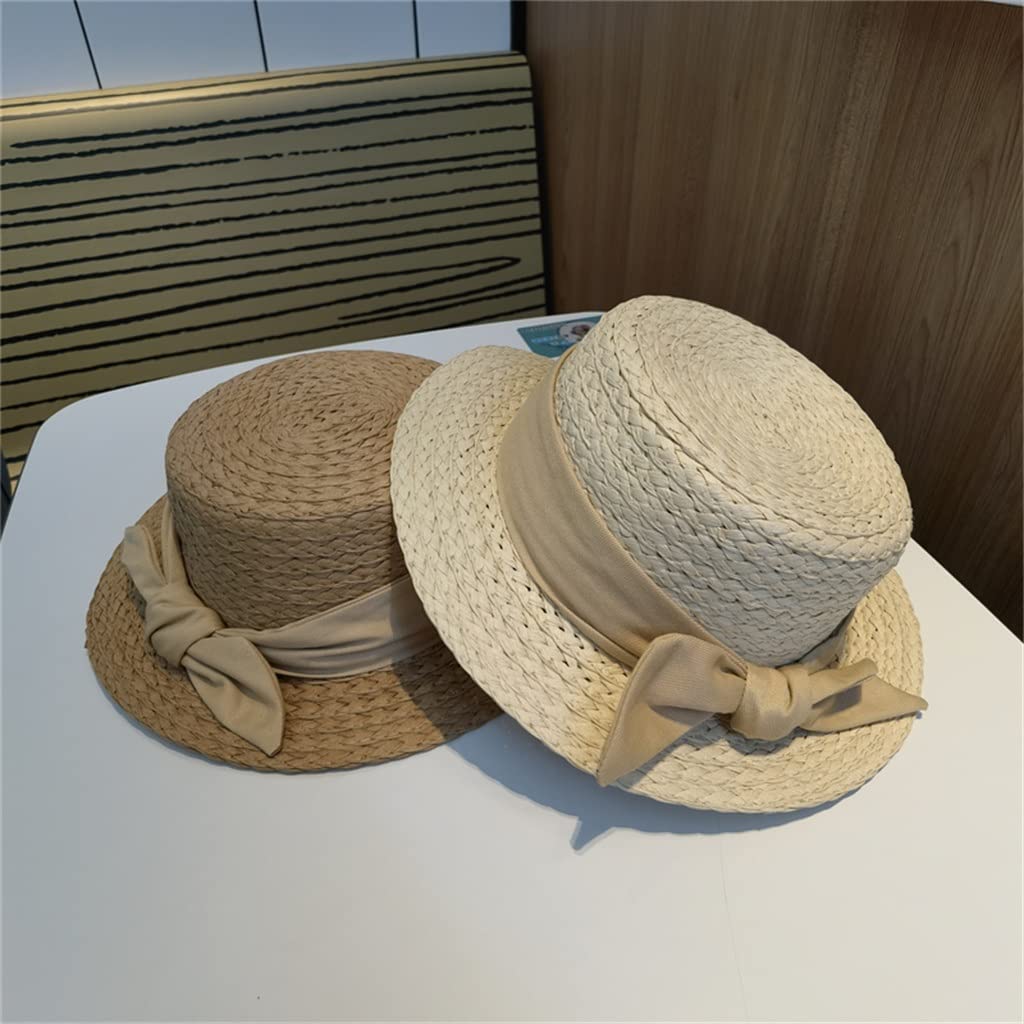 LNNSHX Sombrero de Playa Sombreros para Mujeres Niños Planos Bebé niña Niño Bowknot Lindo Verano al Aire Libre Niños Sombrero para el Sol Sombreros de Color Caqui (Color: Natural, Tamaño: 52-54 cm