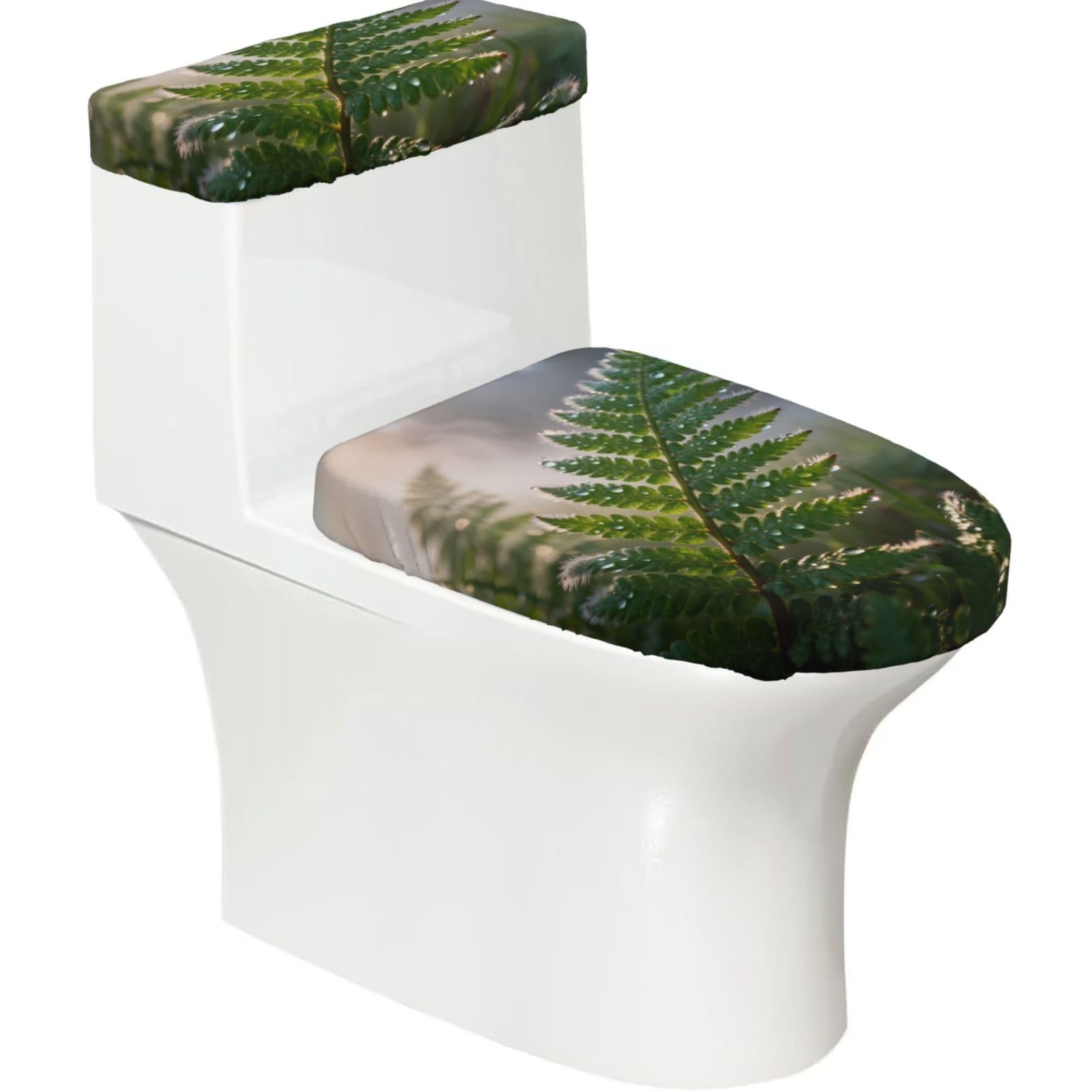 Cntdbu Black Fern Leaf Dew Stretchy Toilet Lid And Tank Cover Set-Soft Elastic Bathroom Decor For U Shape Oval