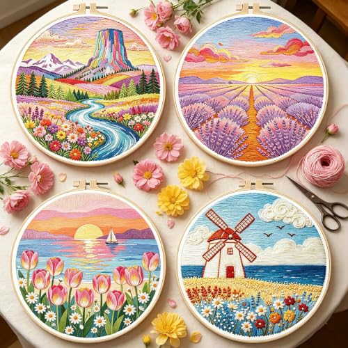 Image of BEUNITONE 4 Set Embroidery Kits for Beginners, Pink Scenery Design with Pre-Stamped Pattern Craft Kits Include Instruction and Hoops, 7.9 inchx7.9 inch Needlepoint Kits for Festival Gifts and Home Decor