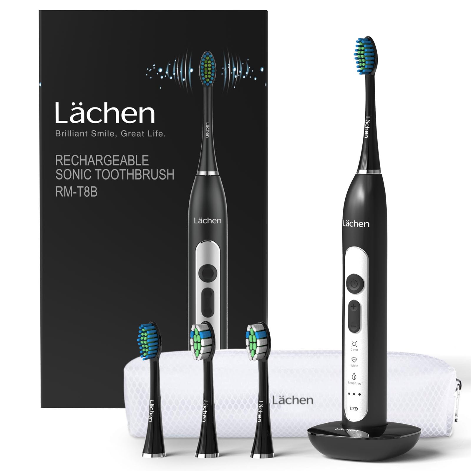 Lächen elektrische Zahnbürste Schallzahnbürste mit 4 Aufsteckbürsten und Timer, 3 Modi & 3 Vibrationsstärken mit Reisetasche