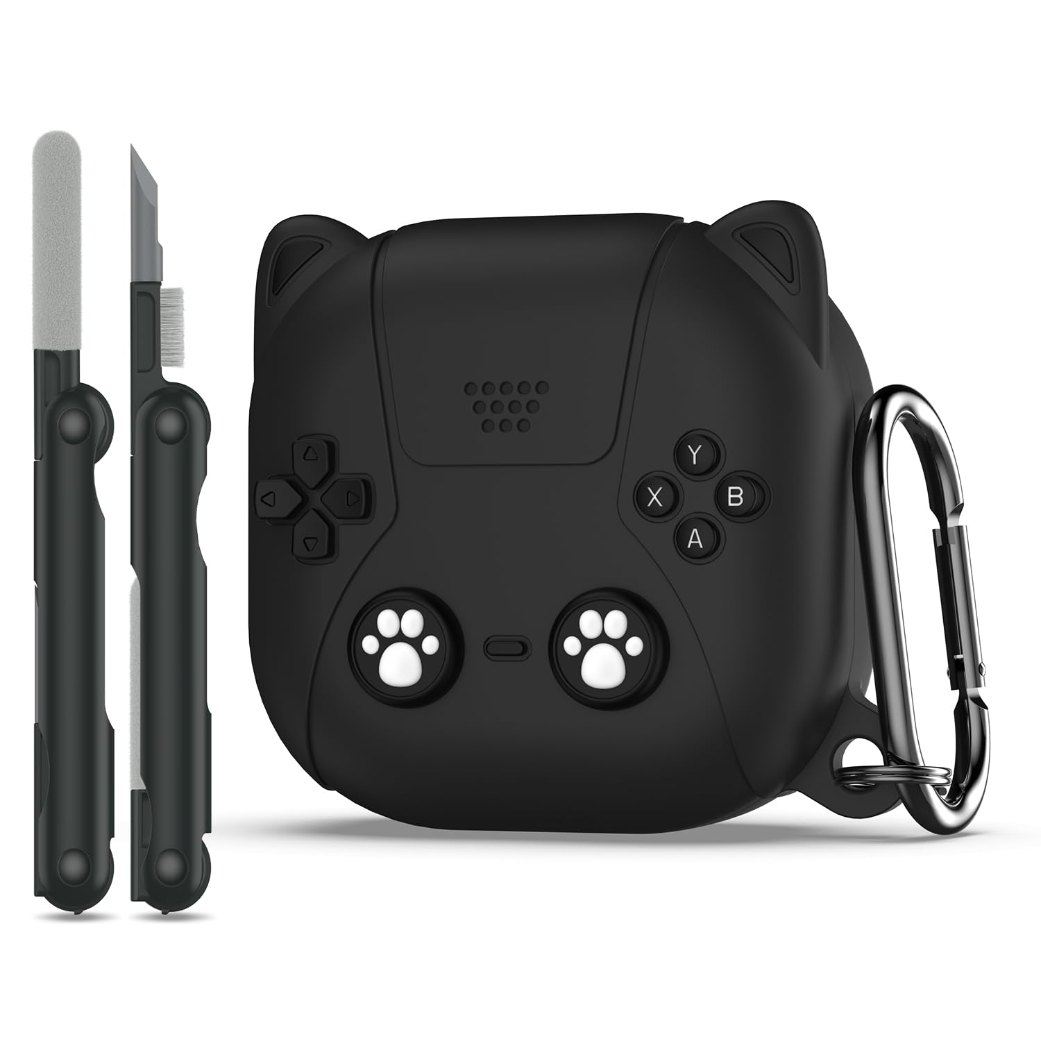 RFUNGUANGO Case for Samsung Galaxy Buds 2/Buds Live/Buds 2 Pro/Buds Pro/Buds FE,Gaming Console Themed Case with Cleaner Kit,Soft Silicone full-body protective case,Cat ear dark gray