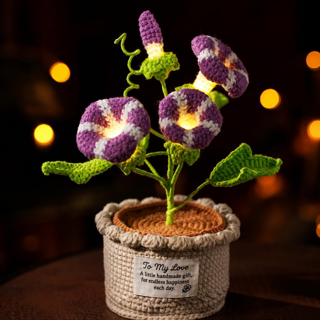 Handmade Morning Glory Crochet Flower Lamp, Cordless Night Light