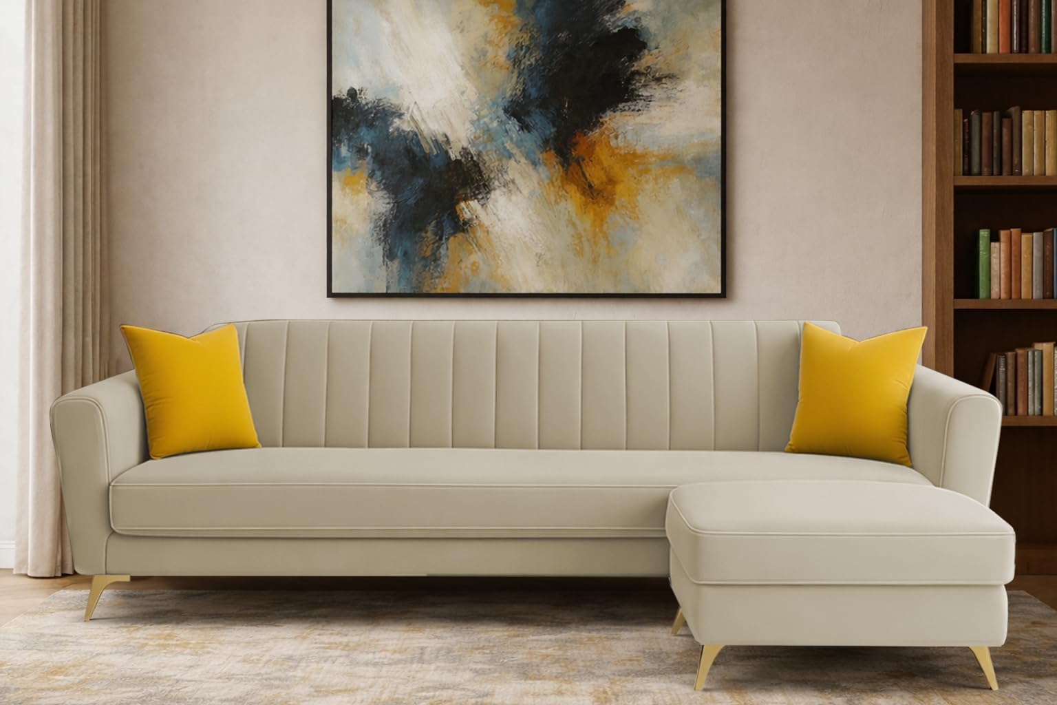 Casaliving Murdock 4 Seater L Shape Convertible Sofa Set for Living Room, 3 Seater & Ottoman Modular Sectional Couch for Small Space (Cream Colour) Fabric Sofa Set-image-15