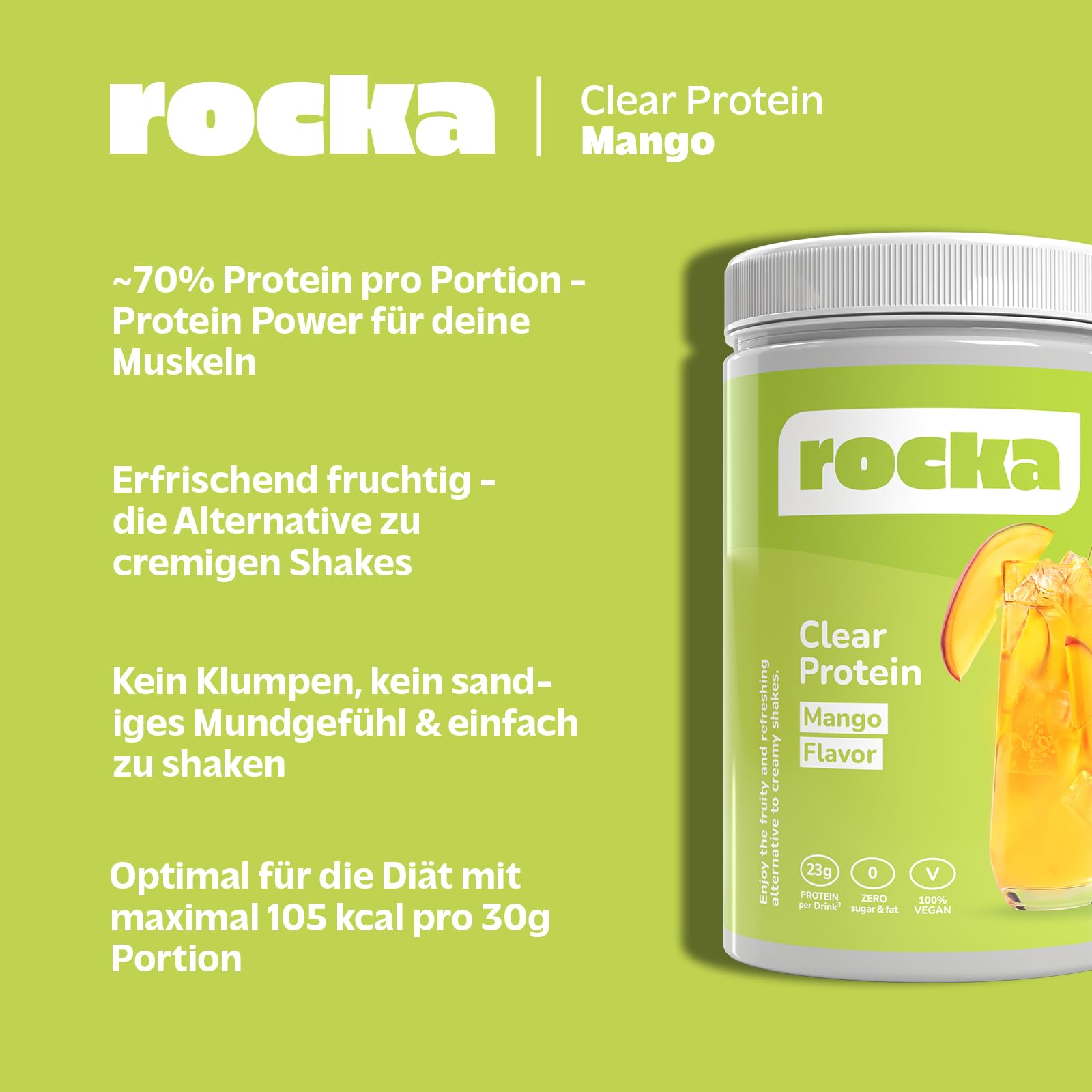 Rocka Nutrition Clear Protein vegane Proteinlimo mit Mango-Geschmack | Pflanzliches Proteinpulver mit 23 g Protein pro Portion (30 g) | 360 g (Mango)
