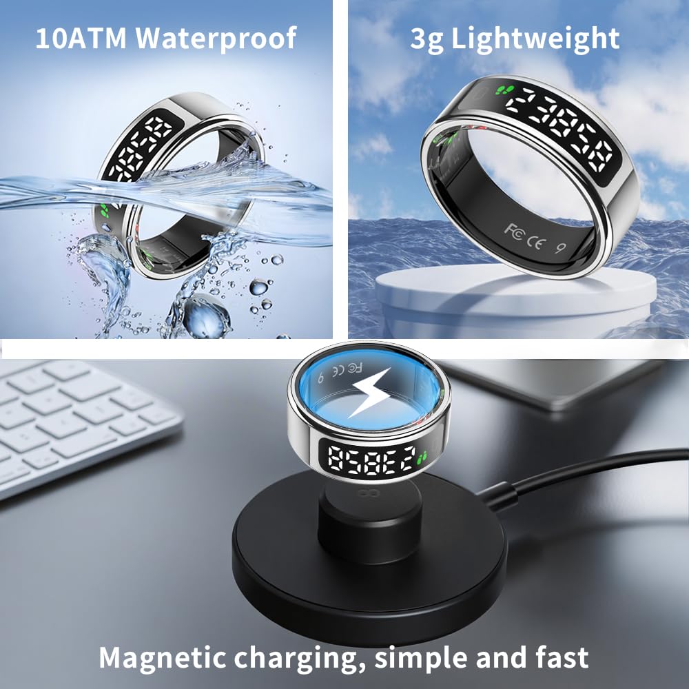 Bague Intelligente | Suivi du Sommeil | Anneau de Fitness | Affichage Intelligent | Chargement sans Fil | Autonomie de la Batterie de 5 à 7 Jours | Étanche 5ATM (Argenté, 8)