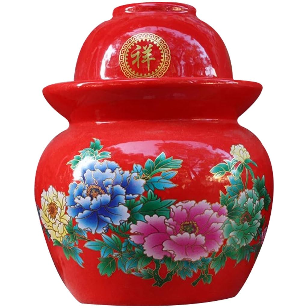 Chinese Style Flower Pattern Pickle Jar, Thickened Ceramic Fermentation Tank, Water Seal Design, Large Capacity Pickling Container(4kg/141.1oz)