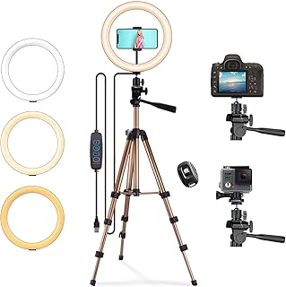 PEYOU Ring Light avec Trépied, Anneau Lumineux, Stable Trépied Appareil Photo en Aluminium, Tête Rotative à 360 °, 3 Modes d'éclairage avec 10 Niveaux de Luminosité pour Selfie Live Stream Youtube