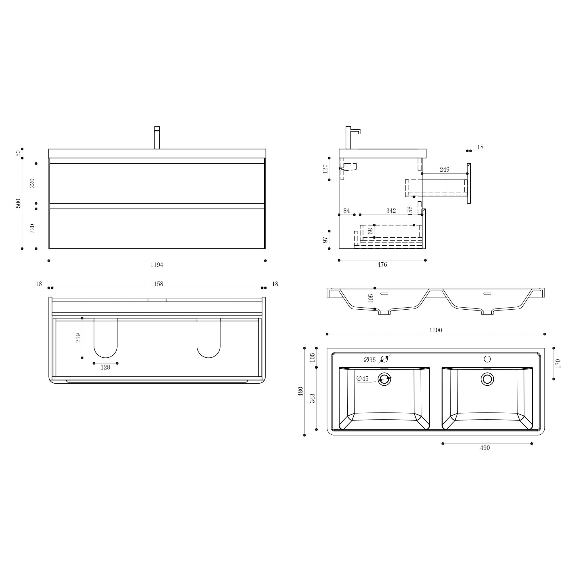 doporro Badmöbel Set Waschtisch mit Unterschrank Waschbecken mit Unterschrank Waschbeckenunterschrank Waschtischunterschrank Matt schwarz 120x48x55cm inkl. Mineralguss-Waschbecken