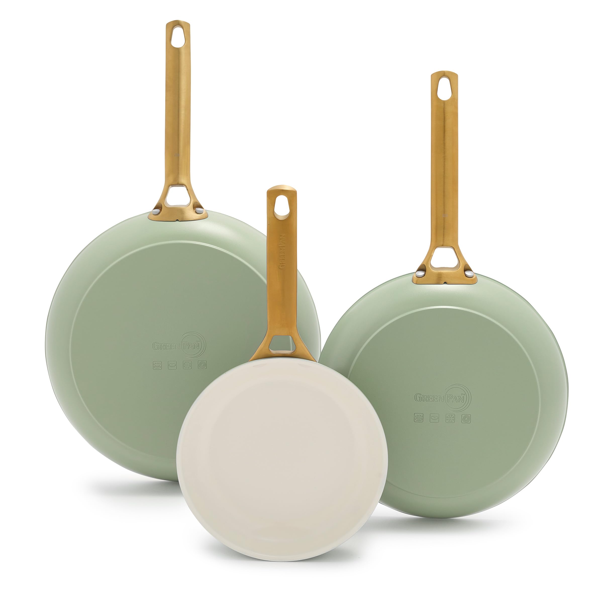 GreenPan Reserve Hard Anodized Healthy Ceramic Nonstick, 8" 10" and 12" 3 Piece Frying Pan Skillet Set, Gold Handle, PFAS-Free, Dishwasher Safe, Oven Safe, Sage