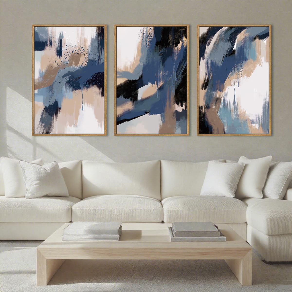 Extra Large Blue Neutral Wall Art Decor Modern Abstract Wall Painting Framed Artwork for Living Room Bedroom Office 24×36 Inch Set of 3