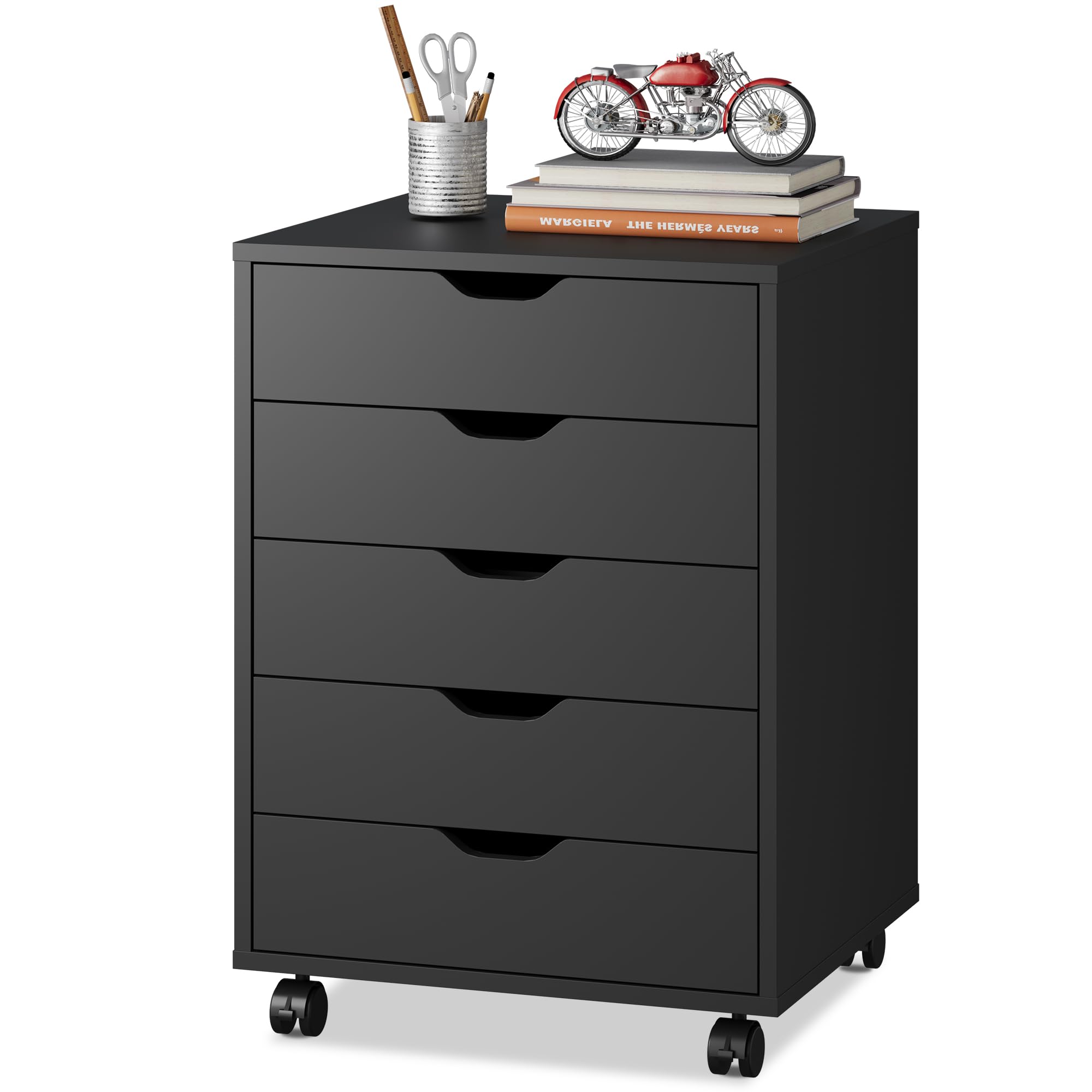 DEVAISE Rollcontainer mit 5 Schubladen, Mobiler Aktenschrank mit Rollen, Schreibtisch Unterschrank für Büro und Home Office, Schwarz