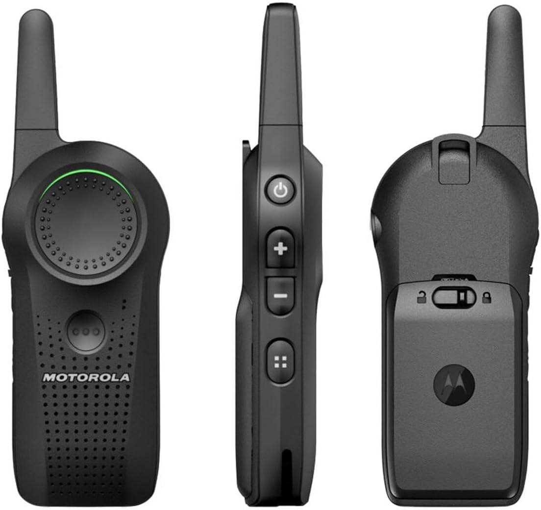 Three views of a Motorola Curve Two-Way Radio: front, side showing power and volume buttons, and back.