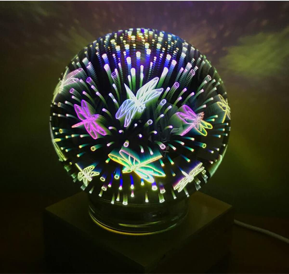 QQY Glass Ball Night Light 3D Firework Light LED Colorful Table Lamp USB Powered Glass Ball Night Light for Birthday Holiday Indoor Decoration (Dragonfly)