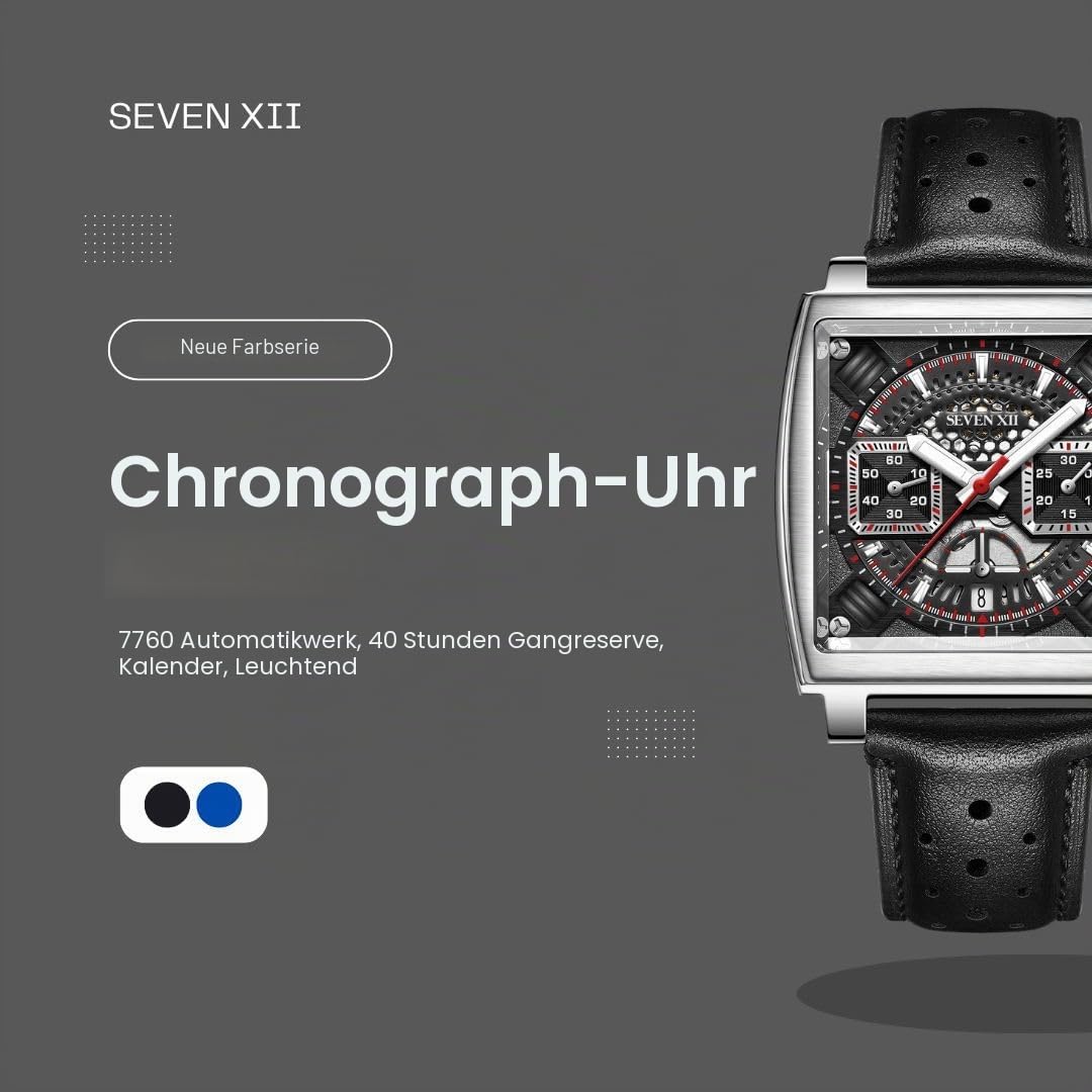 Quadratische automatische Chronograph-Uhr für Herren, schwarz, selbstaufziehend, Saphirglas, Business, klassisch, leuchtend, Sport-Armbanduhr S005