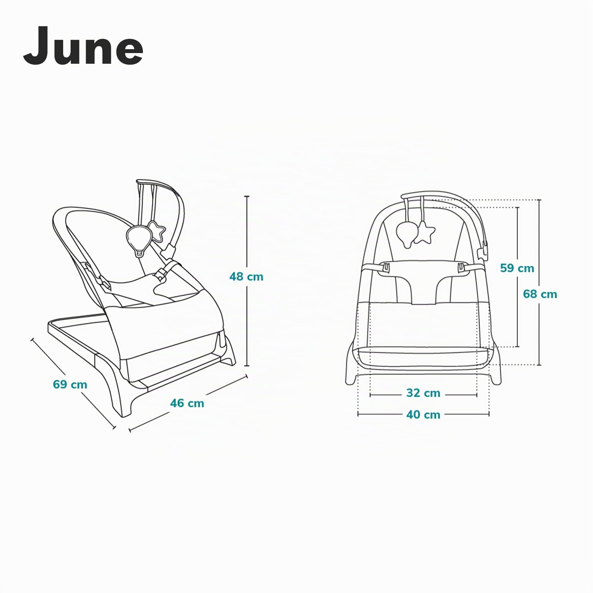 Lionelo June Transat pour nouveau-né jusqu'à 9 kg, chaise confortable avec mouvement apaisant naturel, soutien dorsal ergonomique, harnais de sécurité à 3 points, tissu doux respirant, léger et