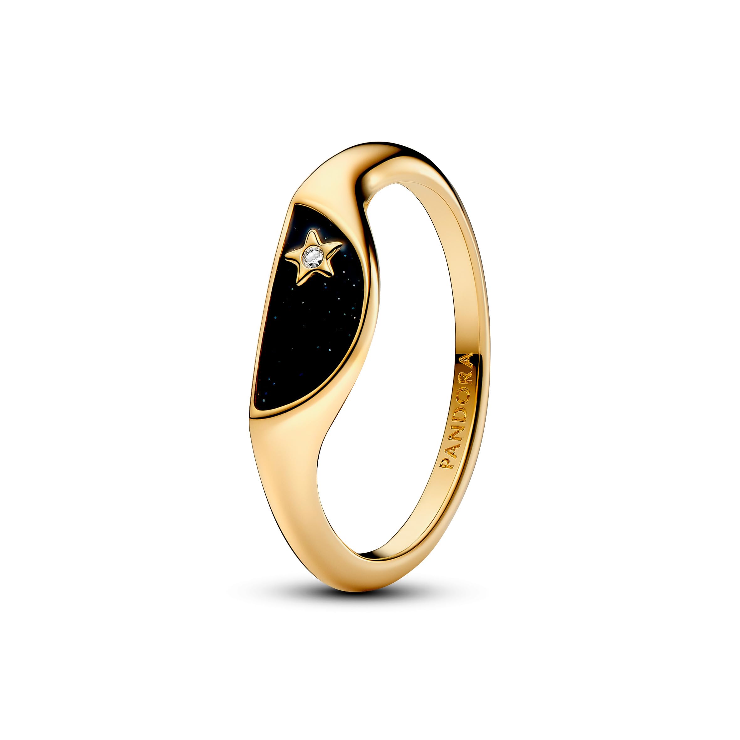 PANDORA ME Anillo de sello dividido chapado en oro de 14 quilates con circonita cúbica transparente y esmalte negro brillante, talla 56