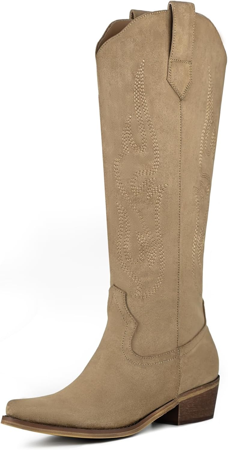 Cowboy Boots for Women Knee High Pointed Toe Chunky Heel Pull On Zipper Western Cowgirl Boots Retro Vintage Classic Embroidered Tall Boots for Ladies