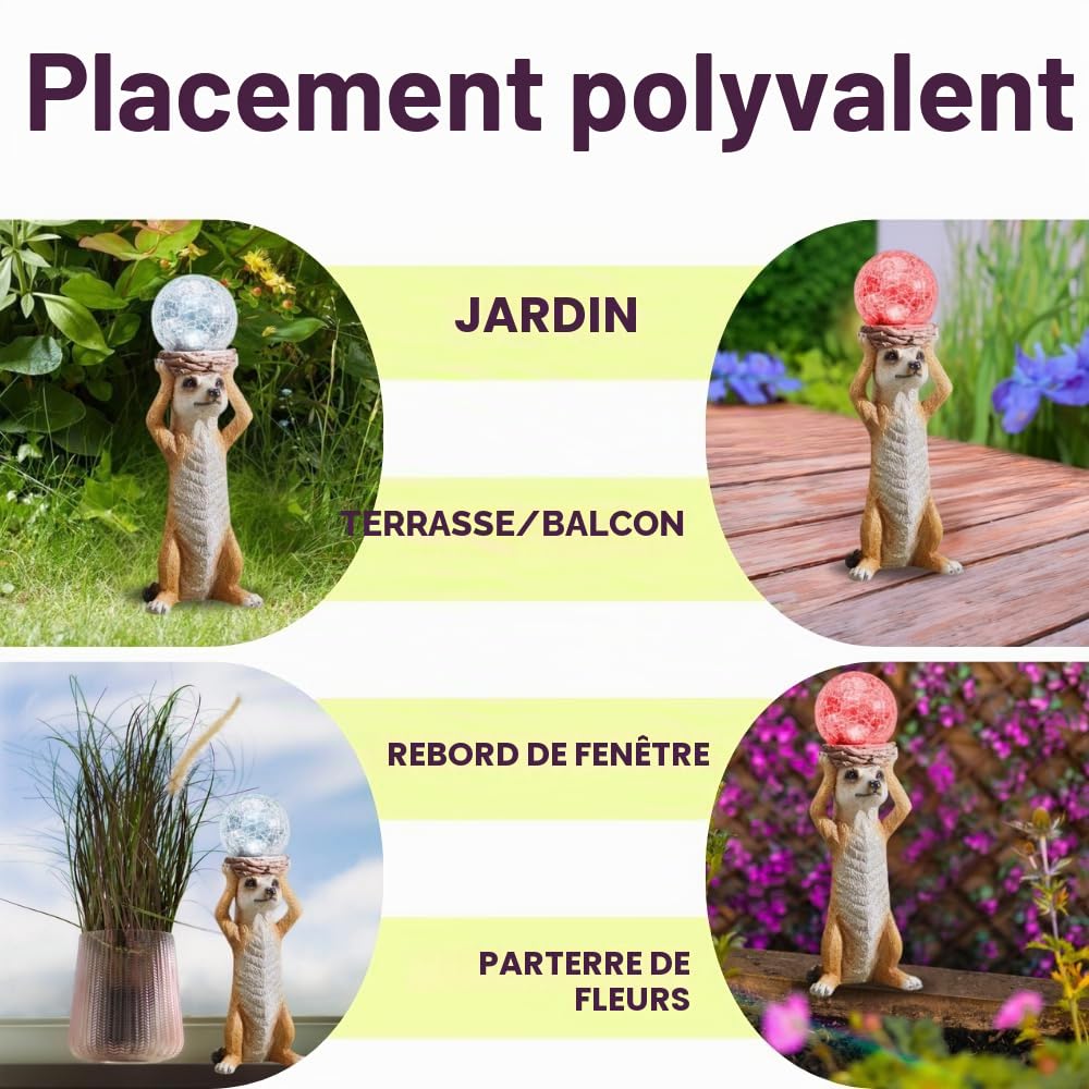 Garden Mile Décoration de jardin éléphant : lampes solaires LED à changement de couleur – Étanche, grande décoration extérieure inhabituelle (suricate)