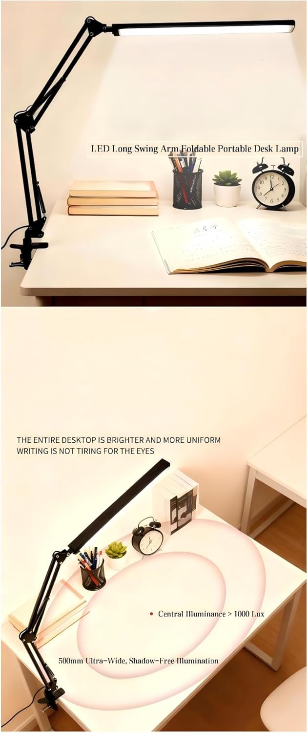Full Spectrum Eye-Caring Clip On Desk Lamp, USB Rechargeable & Plug-in Reading Light for Study, Bedside, Dorm (Black Clamp Light (Metal) - 3 Temps & 10 Brightness)