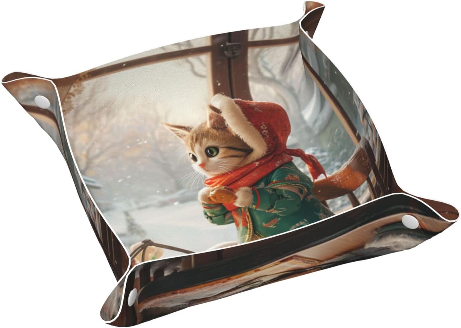 Cute Kitten Valet Tray Leather Portable Tray Winter Cat Sitting On A Chair By The Window Desktop Storage Organizer Bedside For Men Women Jewelry Keys Coin Candy Sundries